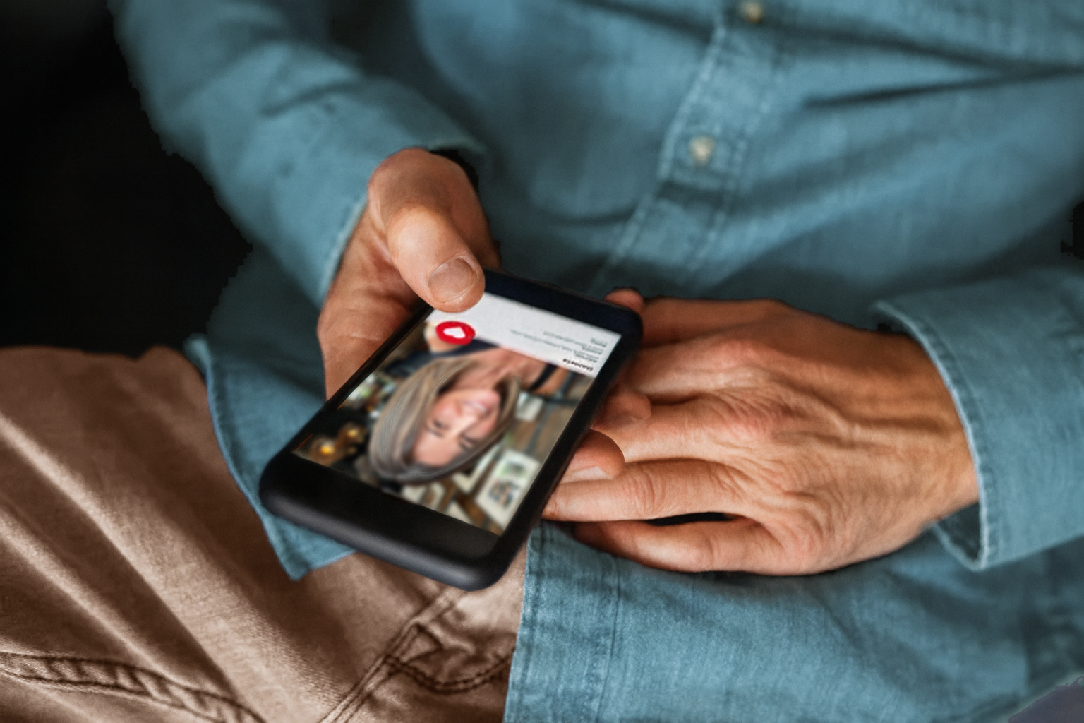 Middle aged man swiping right on dating profile